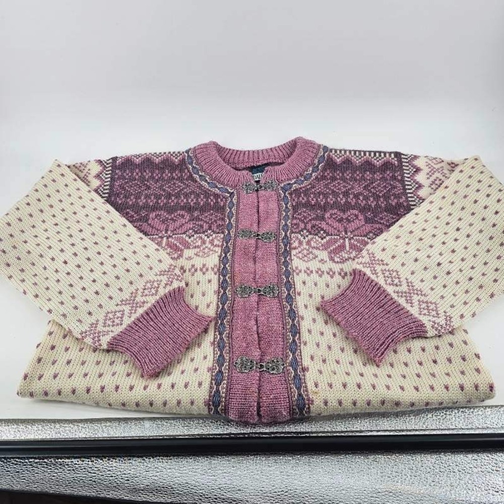 Dale of Norway Cardigan Women 44 Pink Nordic Wool Pewter Clasp Sweater